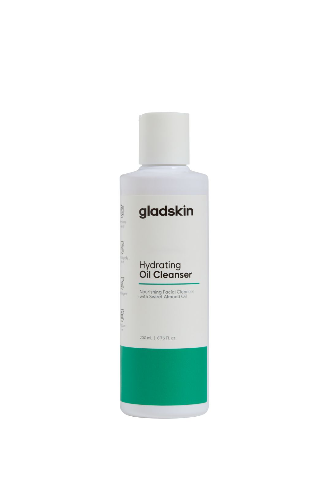 Weiße Flasche mit grünem Streifen. Text: Hydrating Oil Cleanser. Aufschrift: Nourishing Facial Cleanser.