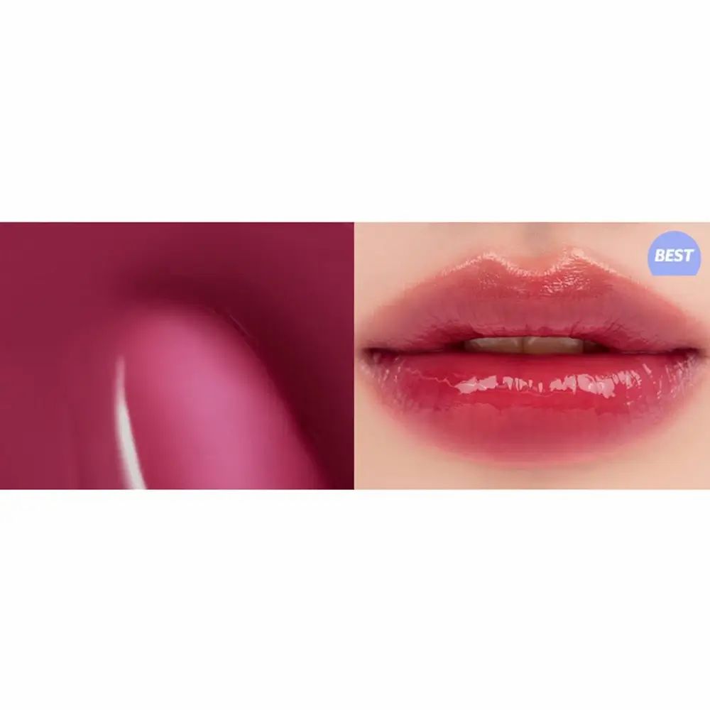 Nahaufnahme von Lippen mit glänzendem, kirschrotem Lipgloss. Rechts: Lippen mit Gloss. Links: Gloss-Textur.