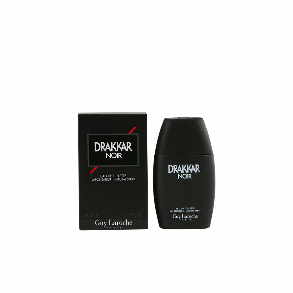 Schwarze Flasche und Verpackung Drakkar Noir Eau de Toilette Spray. Text: Drakkar Noir, Eau de Toilette, Guy Laroche.