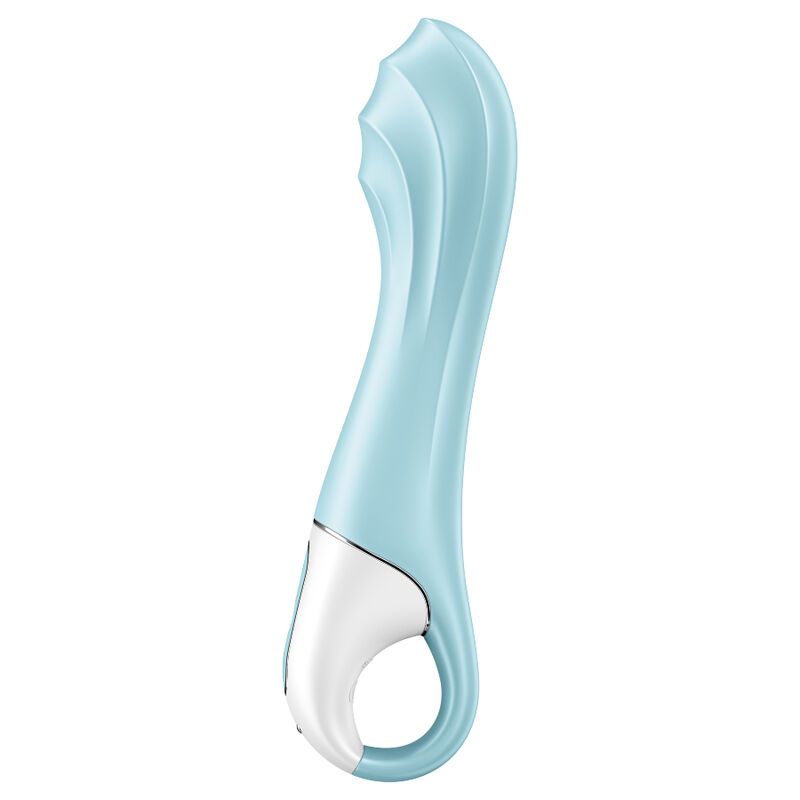 Blau-weißer Vibrator mit Ring. Geriffeltes Design oben. Zwei Knöpfe. Ringförmige Basis.