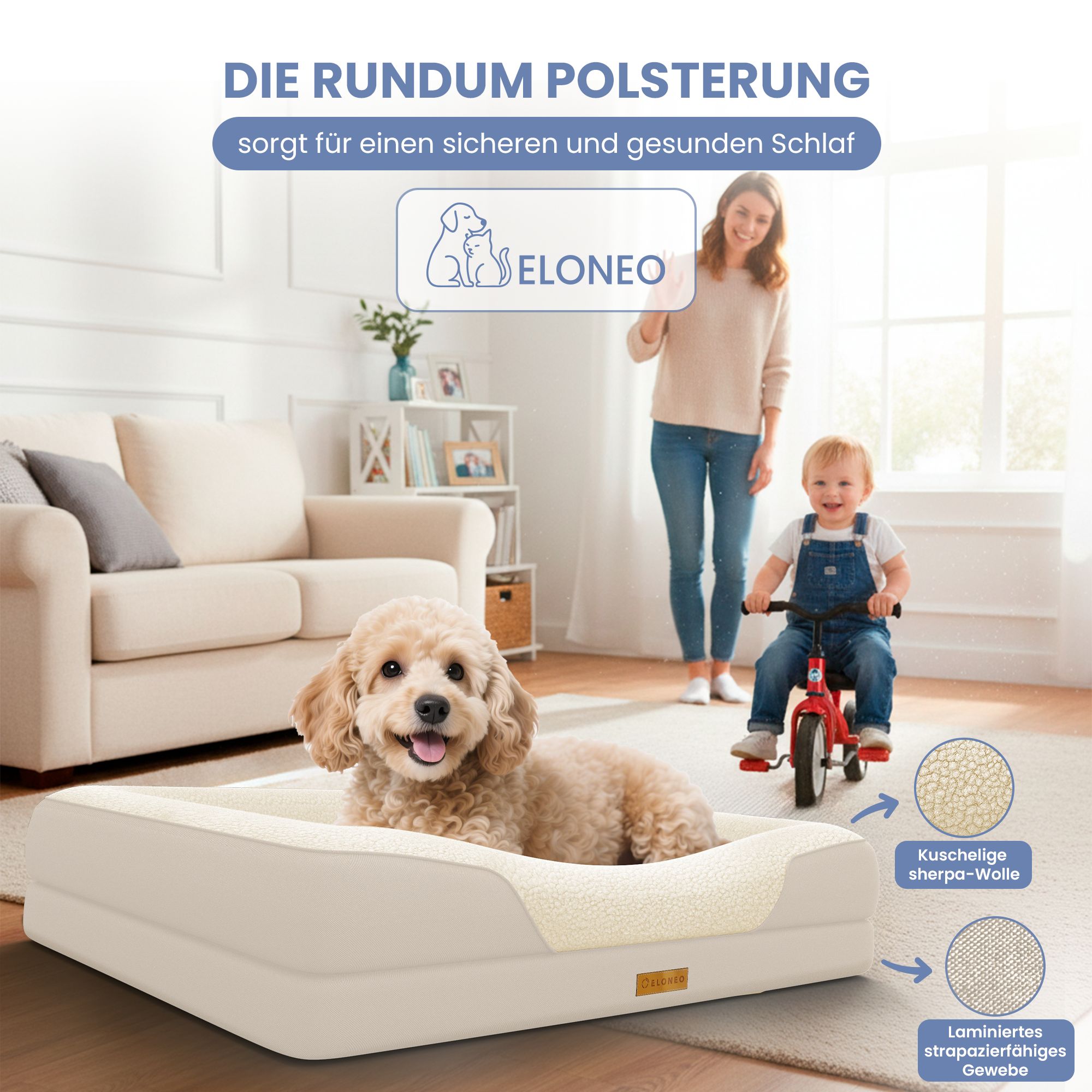 Hundebett im Wohnzimmer. Hund liegt im Bett. Frau und Kind im Hintergrund. ELONEO Logo.