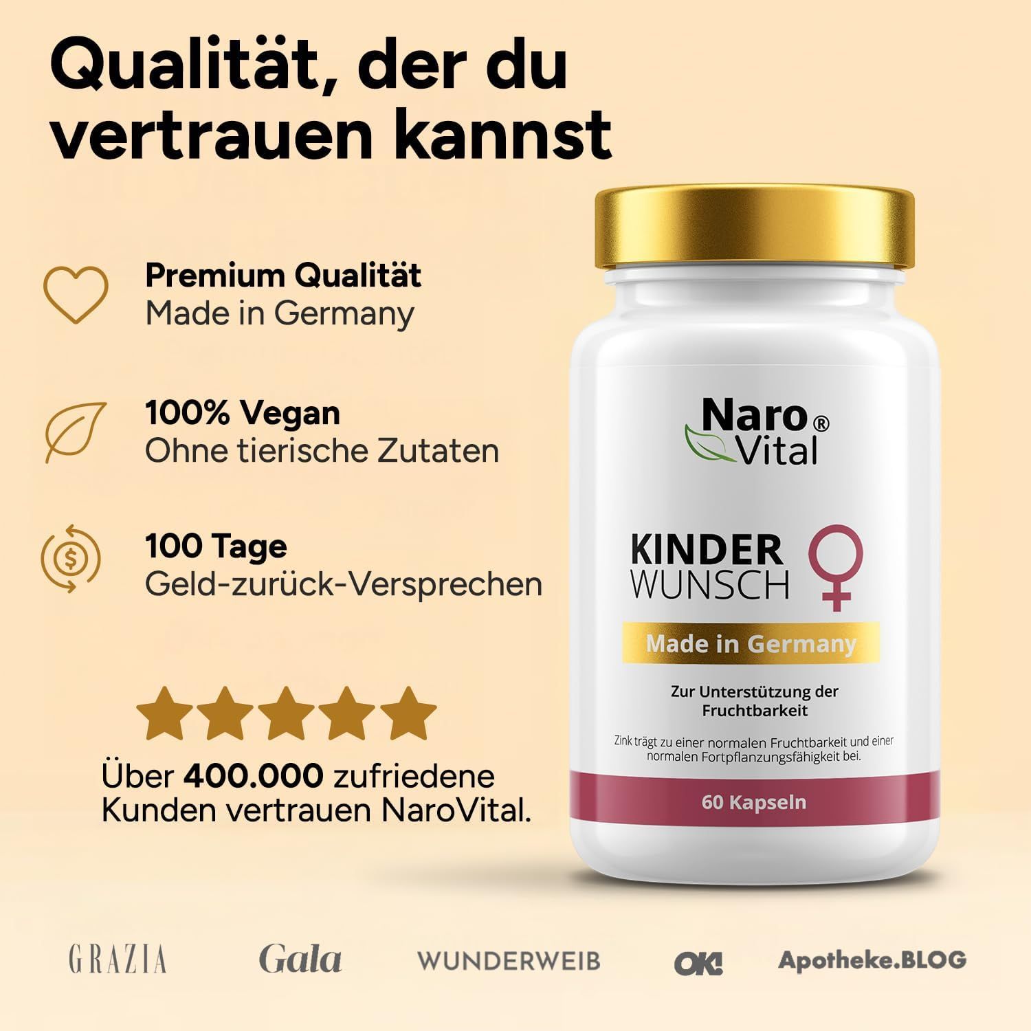 Produktflasche mit Logo und Text. Aufschrift: Naro Vital, Kinderwunsch, Made in Germany, 60 Kapseln. Auszeichnungen und Logos.