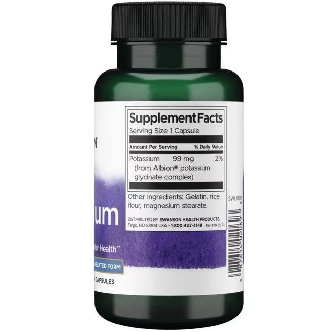 Rückseite einer grünen Flasche mit schwarzem Deckel. Aufschrift: Supplement Facts. Enthält Kalium.