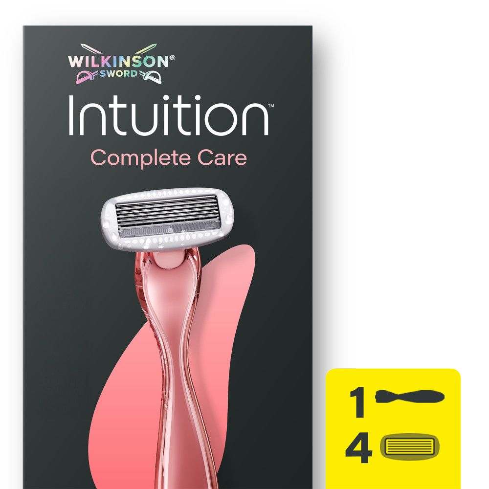 Verpackung des Wilkinson Sword Intuition Complete Care Rasierers mit einem rosa Griff und vier Ersatzklingen.
