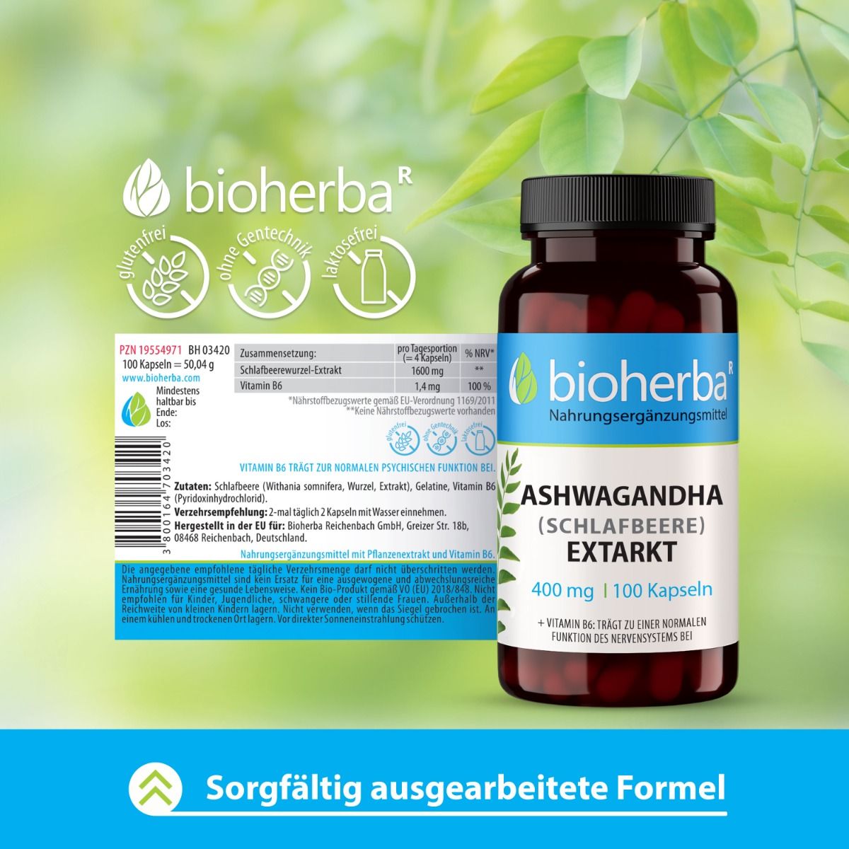 Braune Glasflasche mit Kapseln. Aufschrift: Ashwagandha Extrakt, 400 mg, 100 Kapseln. Text und Logos. Detailansicht der Zutatenliste.