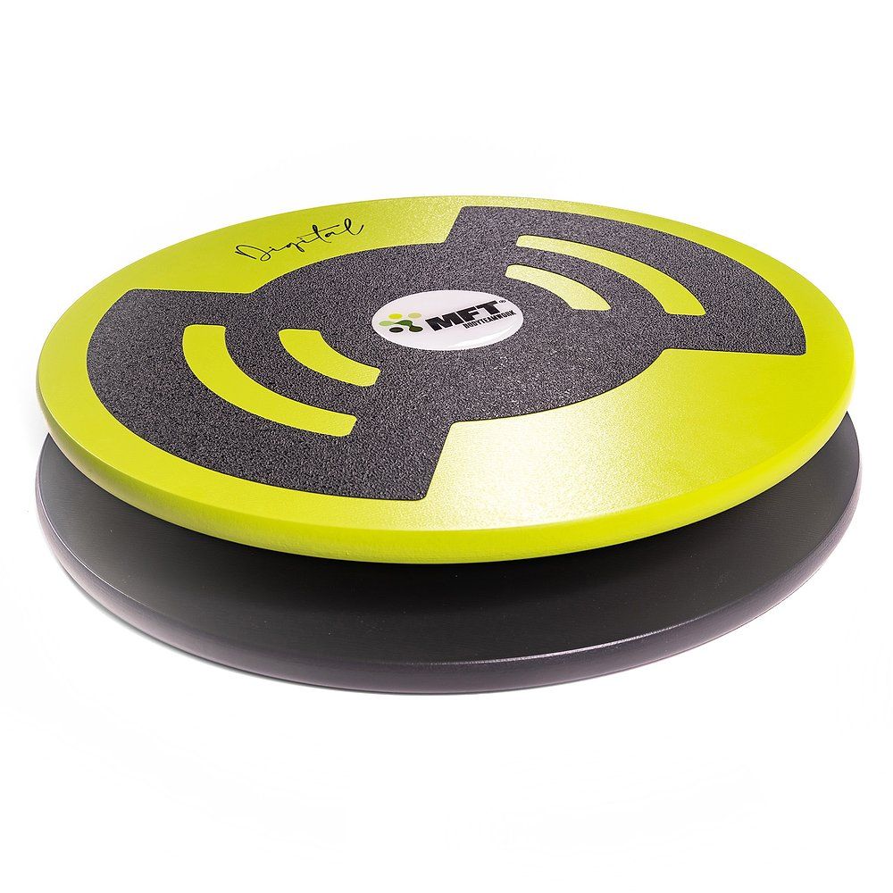Grüne Balance-Disc mit schwarzer Trittfläche und MFT-Logo. Runde Form, auf schwarzem Sockel.
