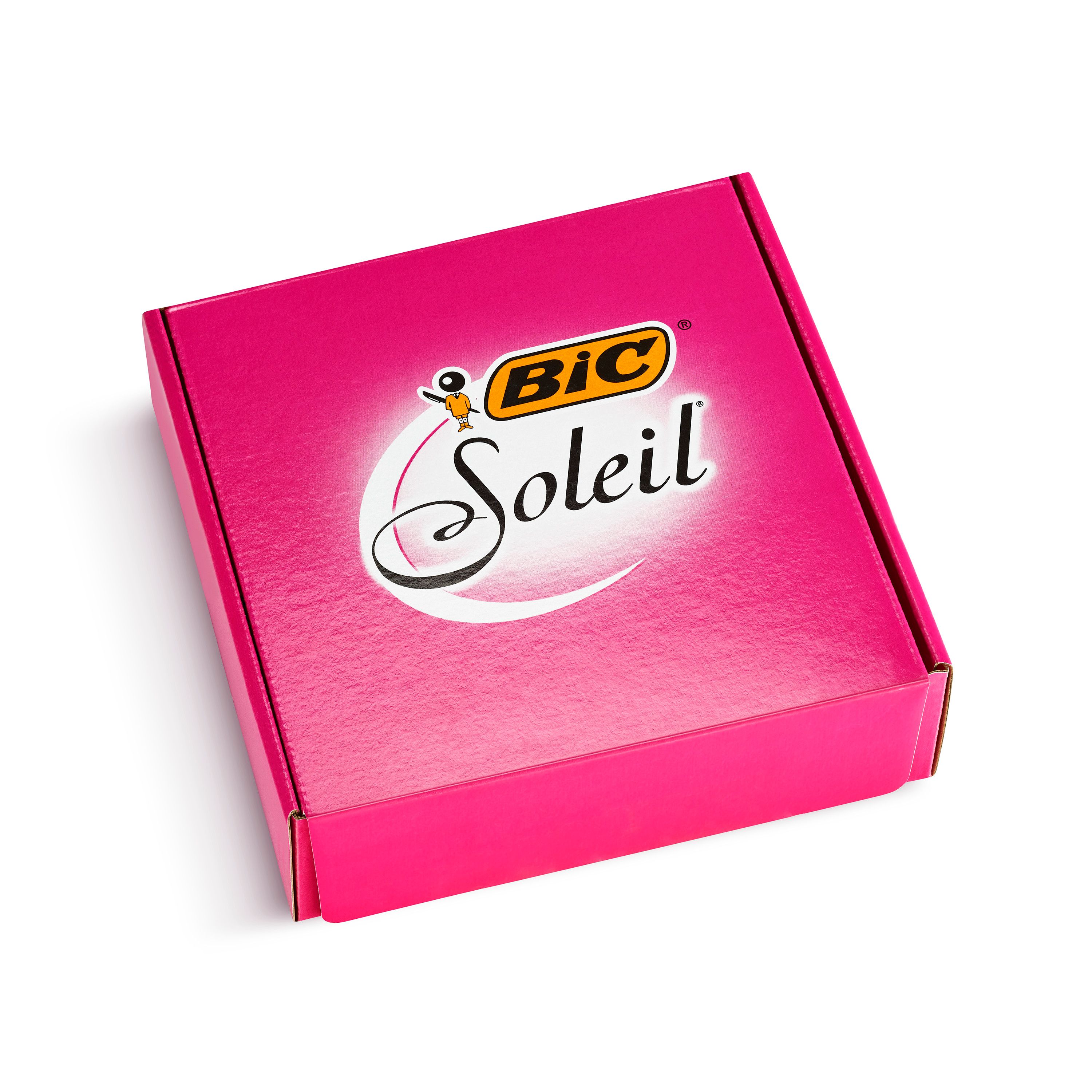 Pinke Kartonverpackung mit BIC Soleil Logo. Deckel geschlossen.
