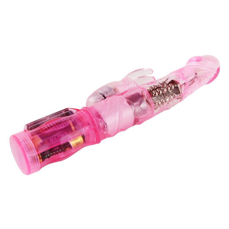 Rosa Vibrator mit transparenten Elementen. Mit Bedienfeld und Knopf. Der Vibrator hat eine Kaninchenform.