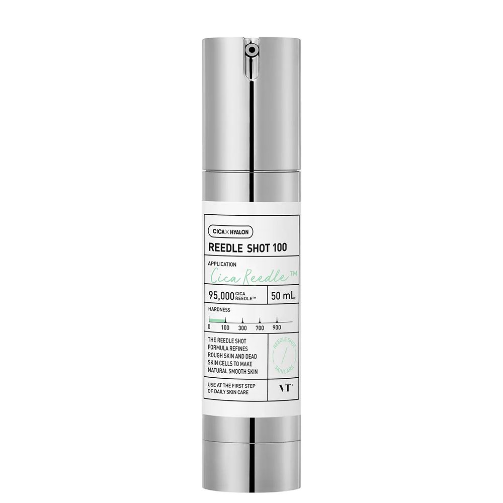 VT COSMETICS Reedle Shot 100 Serum: Silberne Pumpe mit weißem Etikett, 50 ml.