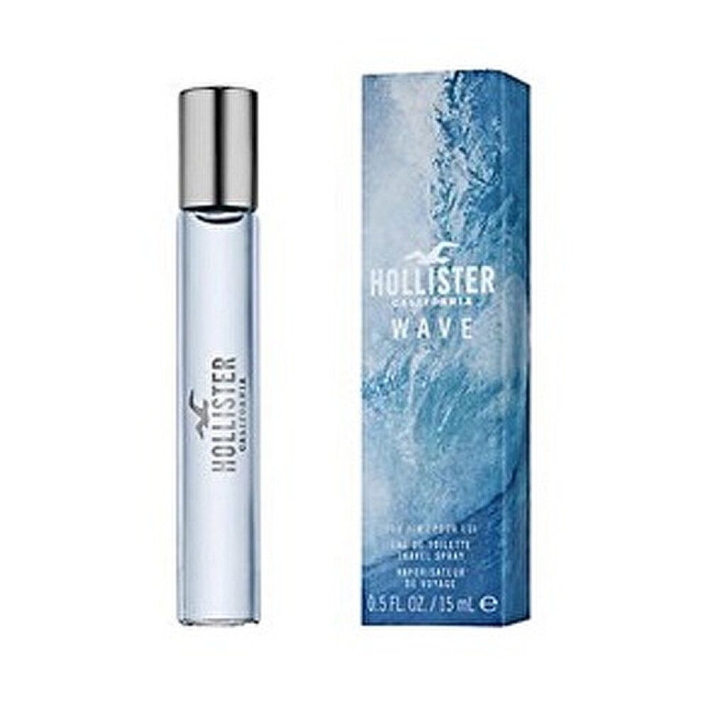 Zylindrischer Zerstäuber und Verpackung. Zerstäuber mit hellblauer Flüssigkeit. Verpackung mit Schriftzug: Hollister California Wave.
