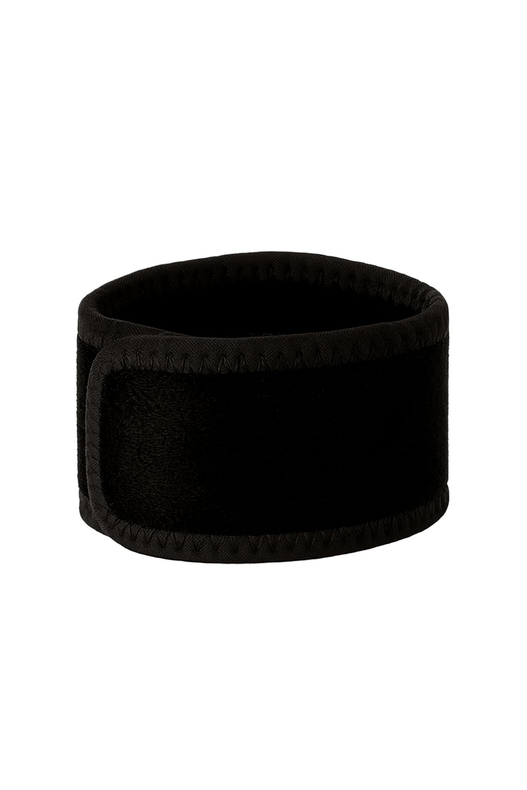 Schwarze Handgelenkbandage mit Klettverschluss. Innen weiches Material, außen Nähte.