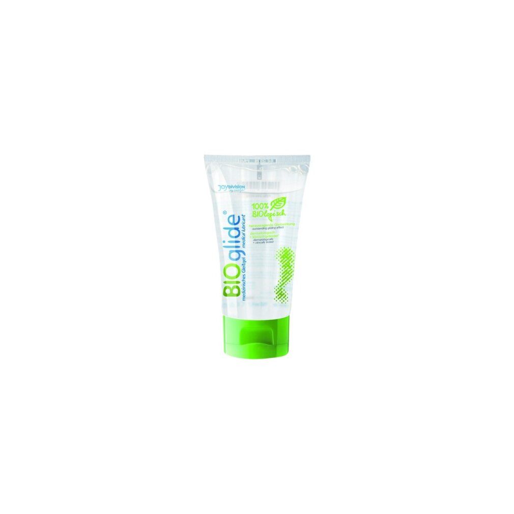BIOglide Gel-Tube. Aufschrift: 100% natürlich + vegan, dermatologisch getestet.