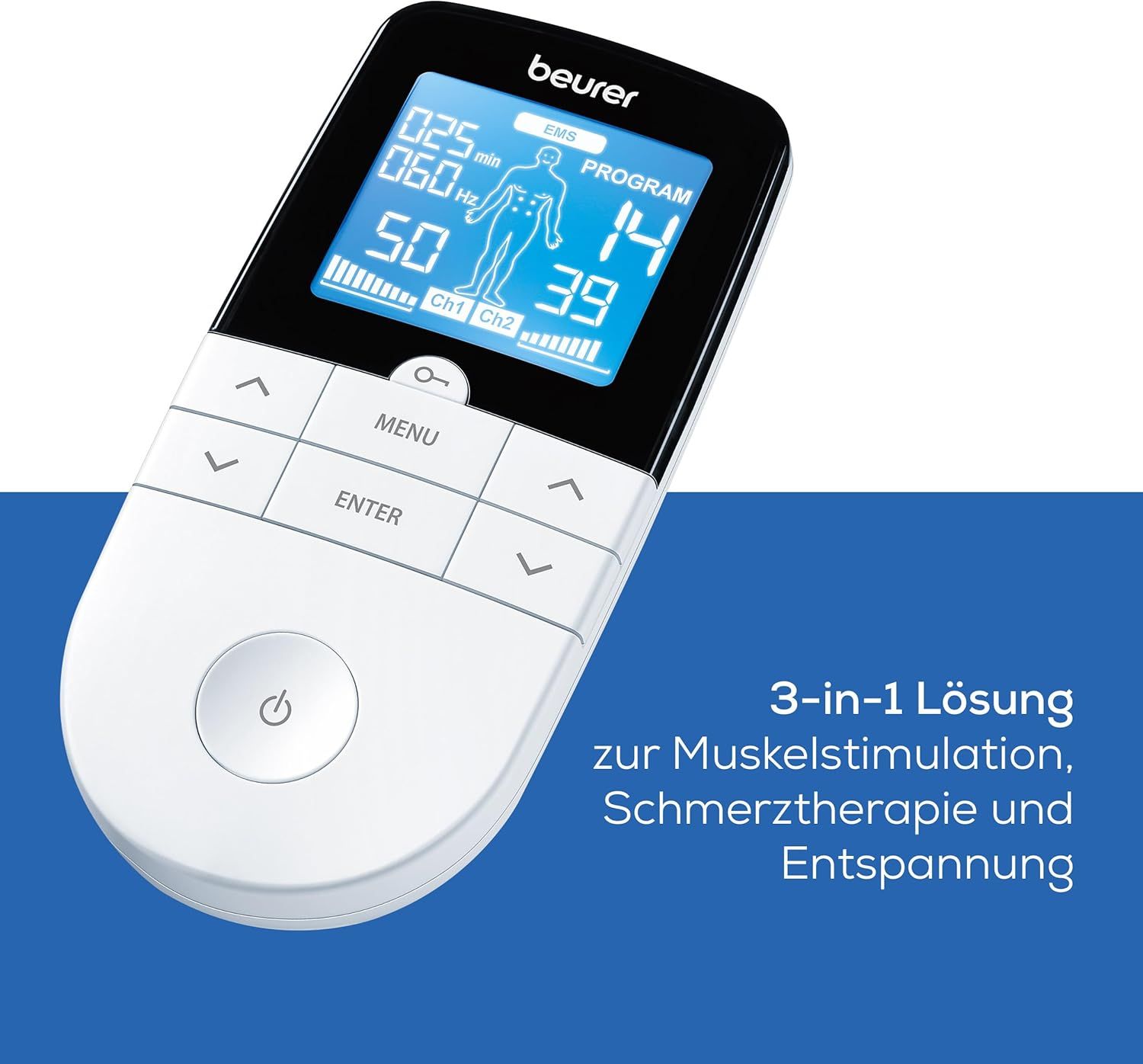 Weißes Gerät mit Display und Knöpfen. Text: 3-in-1 Lösung zur Muskelstimulation, Schmerztherapie und Entspannung. Marke: beurer.
