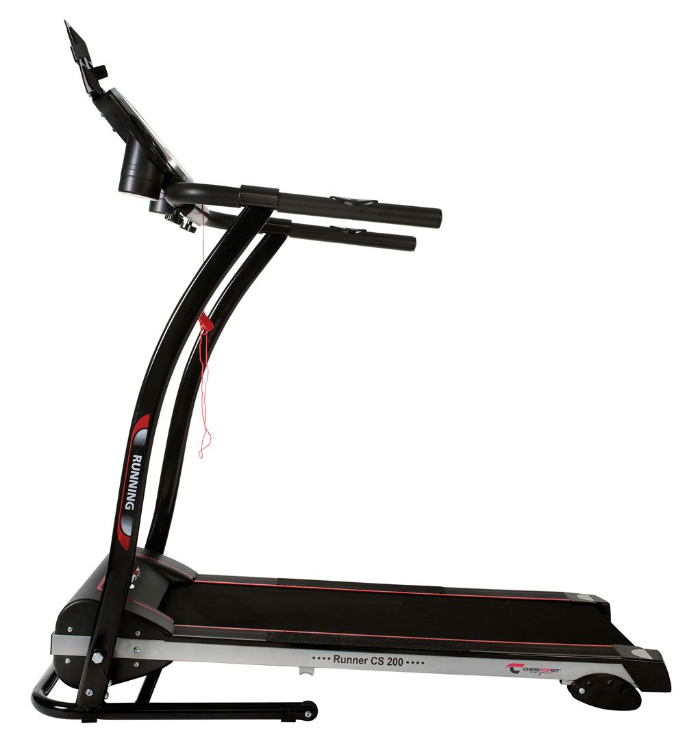 Laufband von der Seite. Schwarzer Rahmen mit roter Linie. Digitales Display und Griffe sind sichtbar.