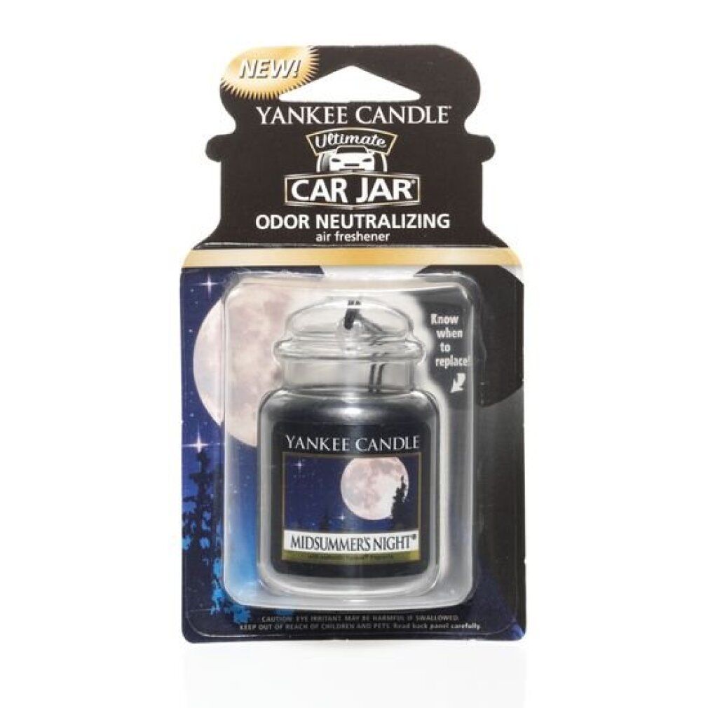 Lufterfrischer im Glasbehälter in Verpackung. Aufschrift: Yankee Candle, Car Jar, Midsummers Night. Mond-Motiv.