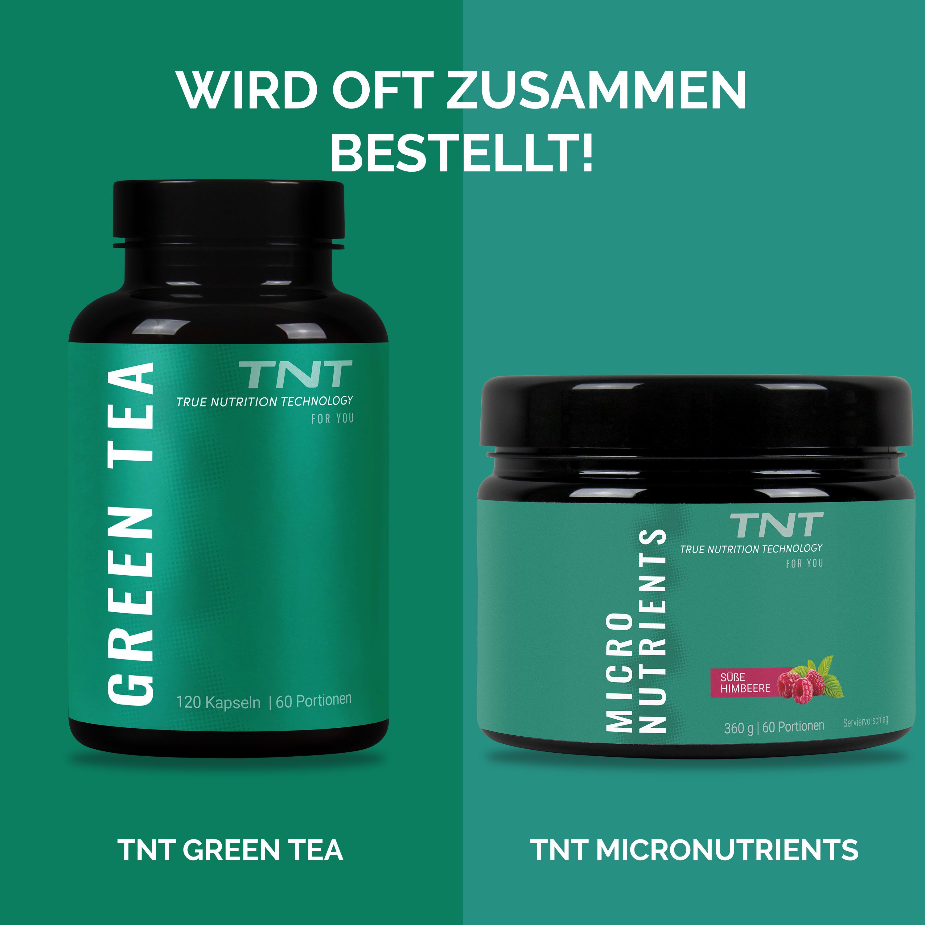 Zwei Flaschen, eine mit "GREEN TEA" und eine mit "MICRONUTRIENTS". Beide haben das Logo "TNT".