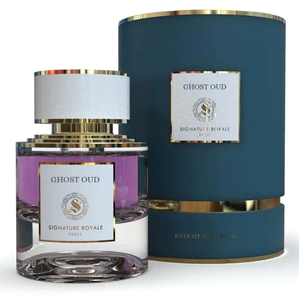 Parfumextrakt-Flakon und -Verpackung. Zylinderförmige Flasche mit weißem Deckel. Blaue Verpackung mit goldenen Akzenten.