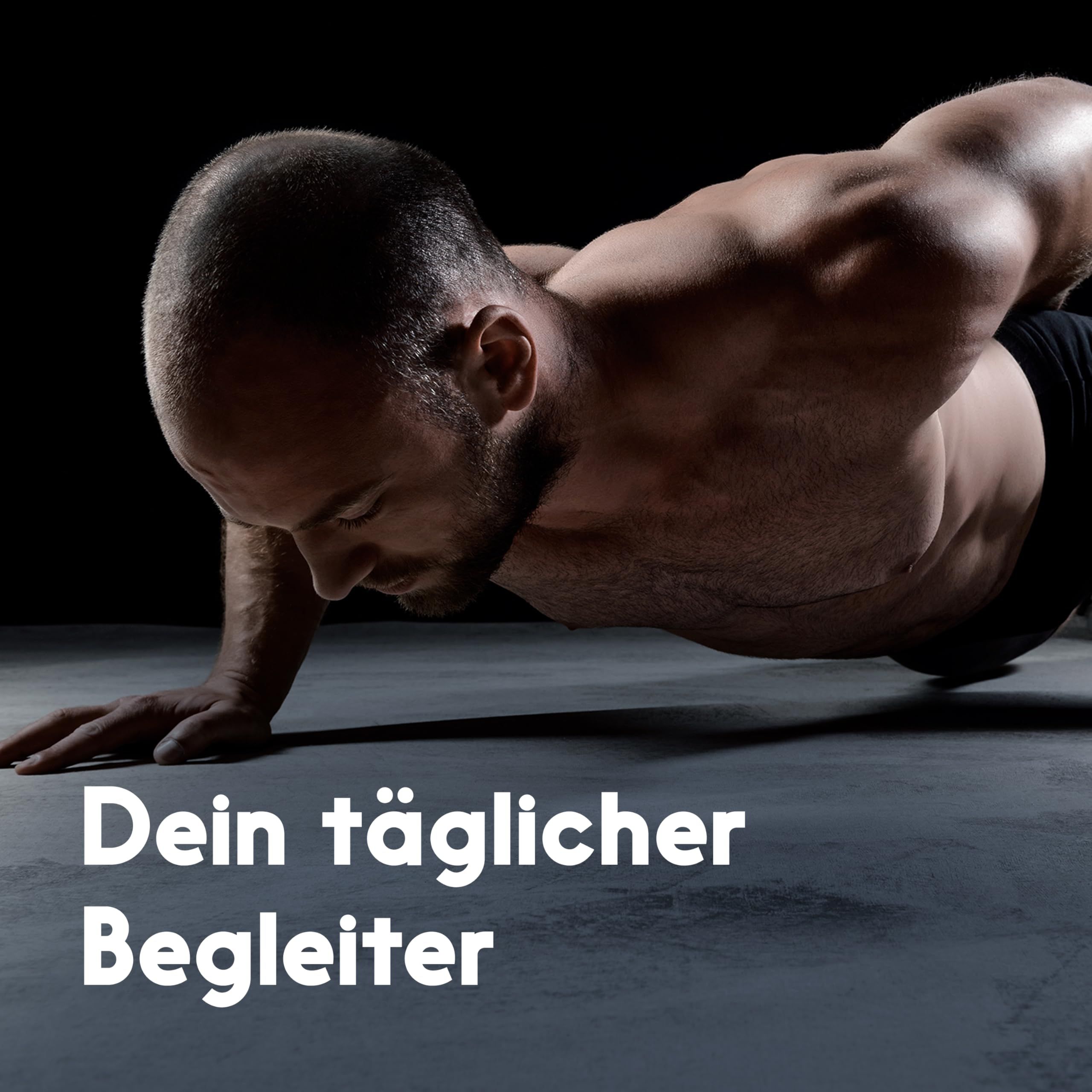 Mann bei Liegestütz-Übung. Text: Dein täglicher Begleiter.