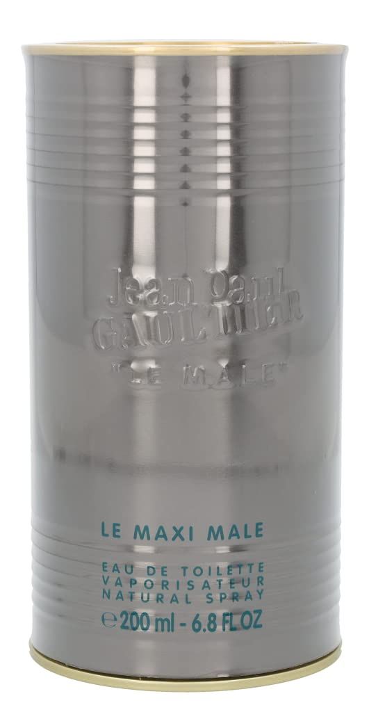 Zylindrische Dose, silberfarben mit goldfarbenem Rand. Aufschrift: Jean Paul Gaultier, Le Maxi Male. Eau de Toilette.