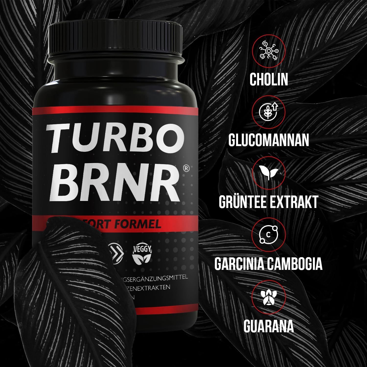 Schwarze Dose mit roter Schrift. "TURBO BRNR" und "SOFORT FORMEL". Icons für Inhaltsstoffe. Hintergrund: Blätter.