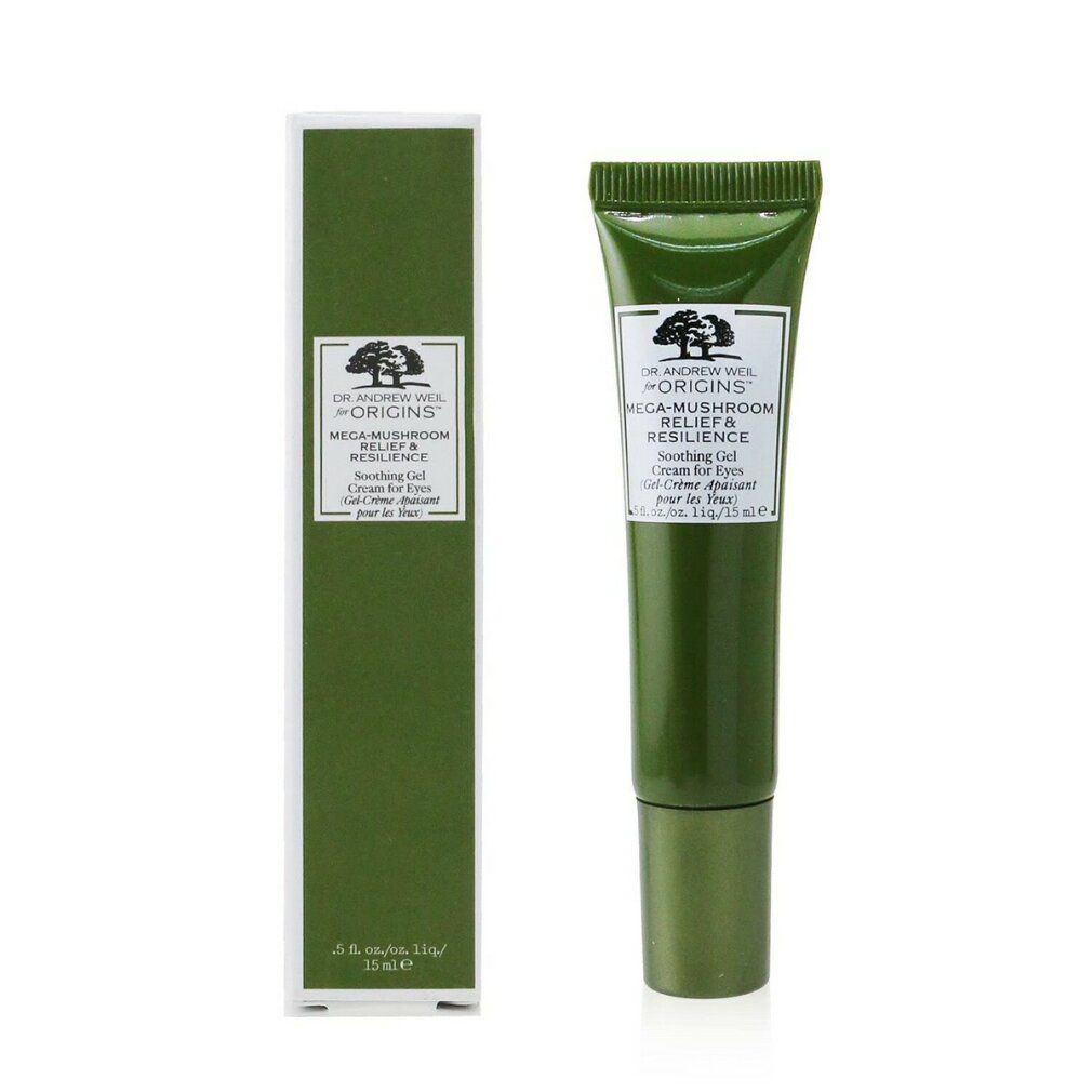 Grüne Tube und Schachtel. Text: Origins, Mega-Mushroom Relief & Resilience, Gel-Creme für Augen. 15ml. Schachtel mit Logo.