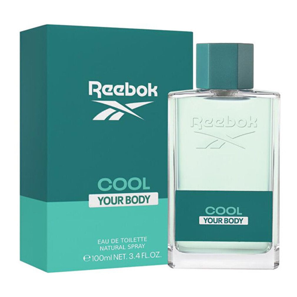 Reebok Cool Your Body Eau de Toilette für Ihn. Flakon und Verpackung. Grün-weißes Design. Logo und Schriftzug.