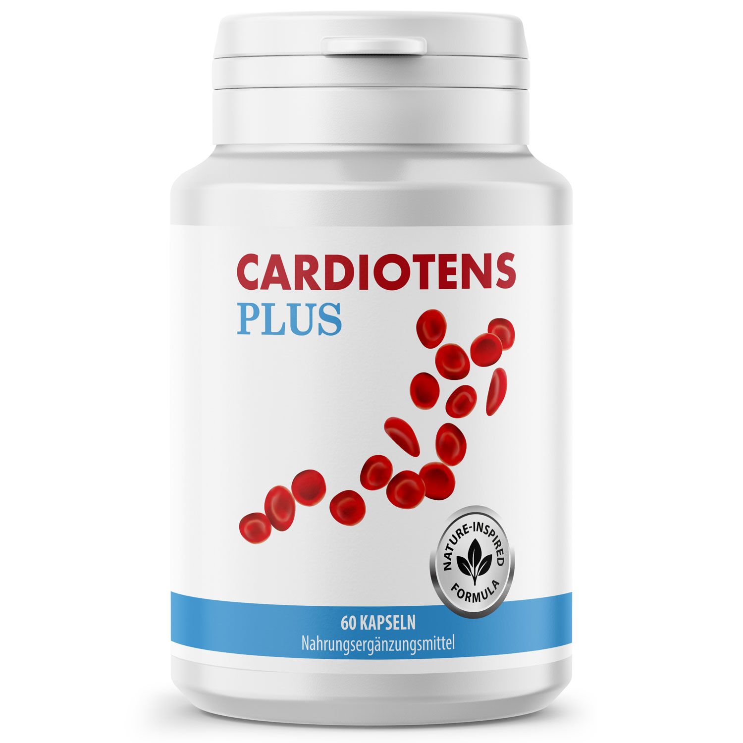 Weiße Kapsel-Dose mit rotem "Cardiotens Plus"-Schriftzug. Enthält 60 Kapseln. Aufkleber mit "Nature-Inspired Formula".
