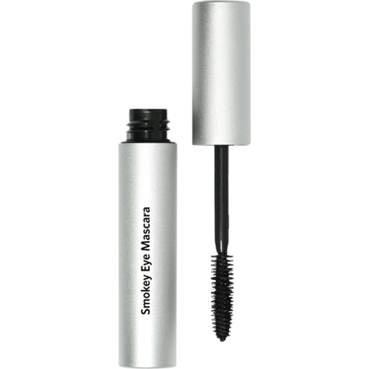 Silberfarbene Mascara-Tube mit schwarzer Bürste. Aufschrift Smokey Eye Mascara. Deckel geöffnet.