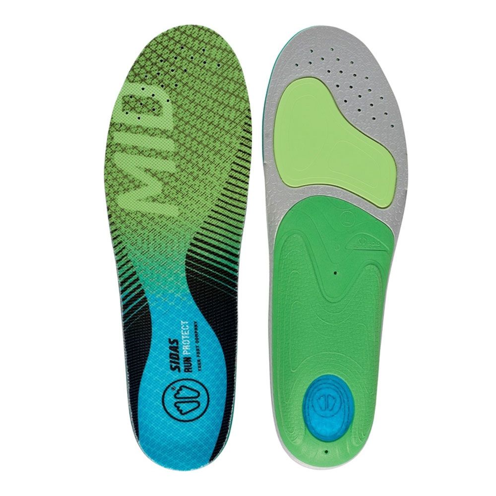 Einlegesohlen SIDAS Run Protect MID. Grün, blau und grau. Anatomische Form. Logo und Schriftzug. Ober- und Unterseite.