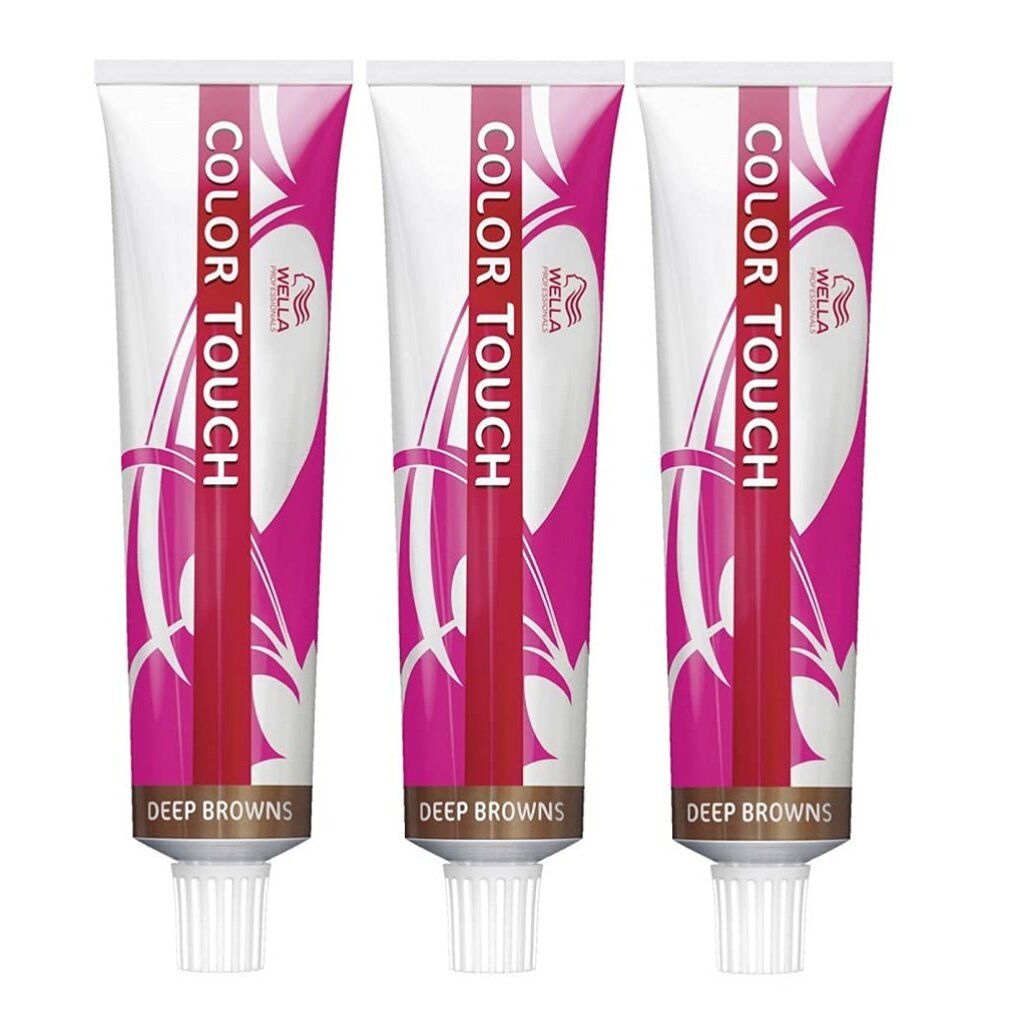 Drei Tuben Haarfärbemittel. "COLOR TOUCH" Schriftzug. "DEEP BROWNS" darunter. Weiß-pinkes Design. Wella-Logo.