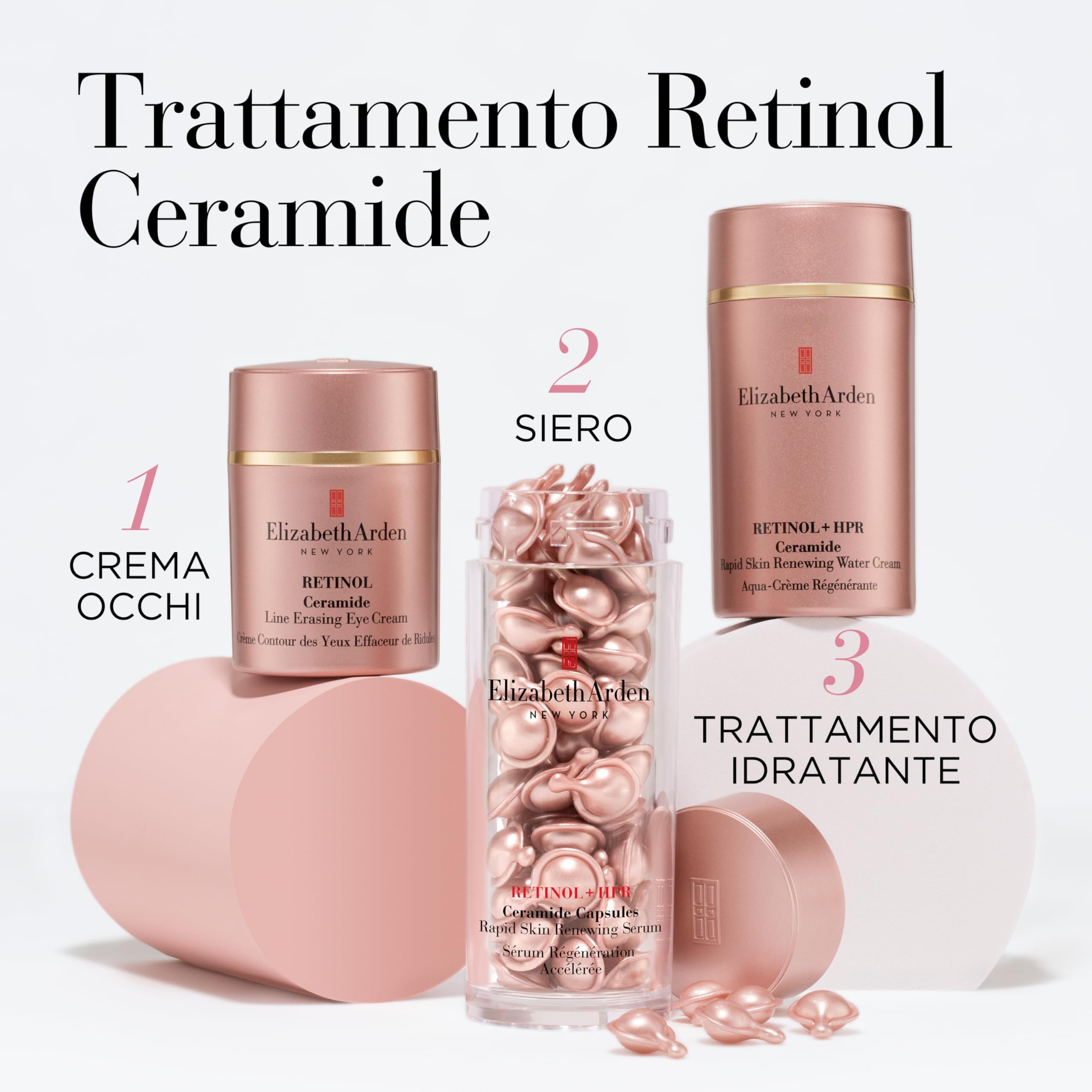 Drei Produkte: Augencreme, Serumkapseln, Feuchtigkeitspflege. Text: Trattamento Retinol Ceramide. Elizabeth Arden.