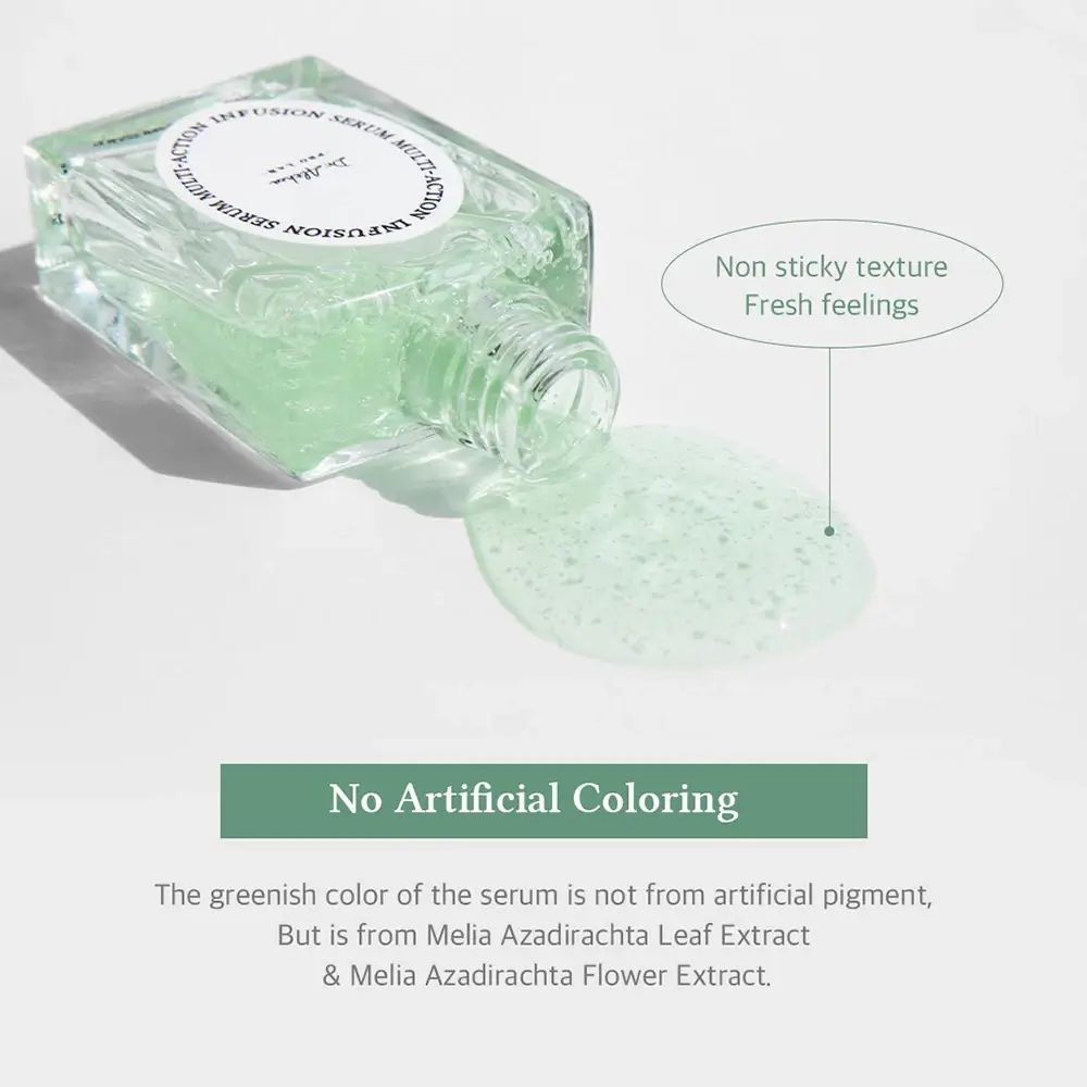 Serumflasche liegt. Serum fließt heraus. Text: No Artificial Coloring. Grüne Farbe.