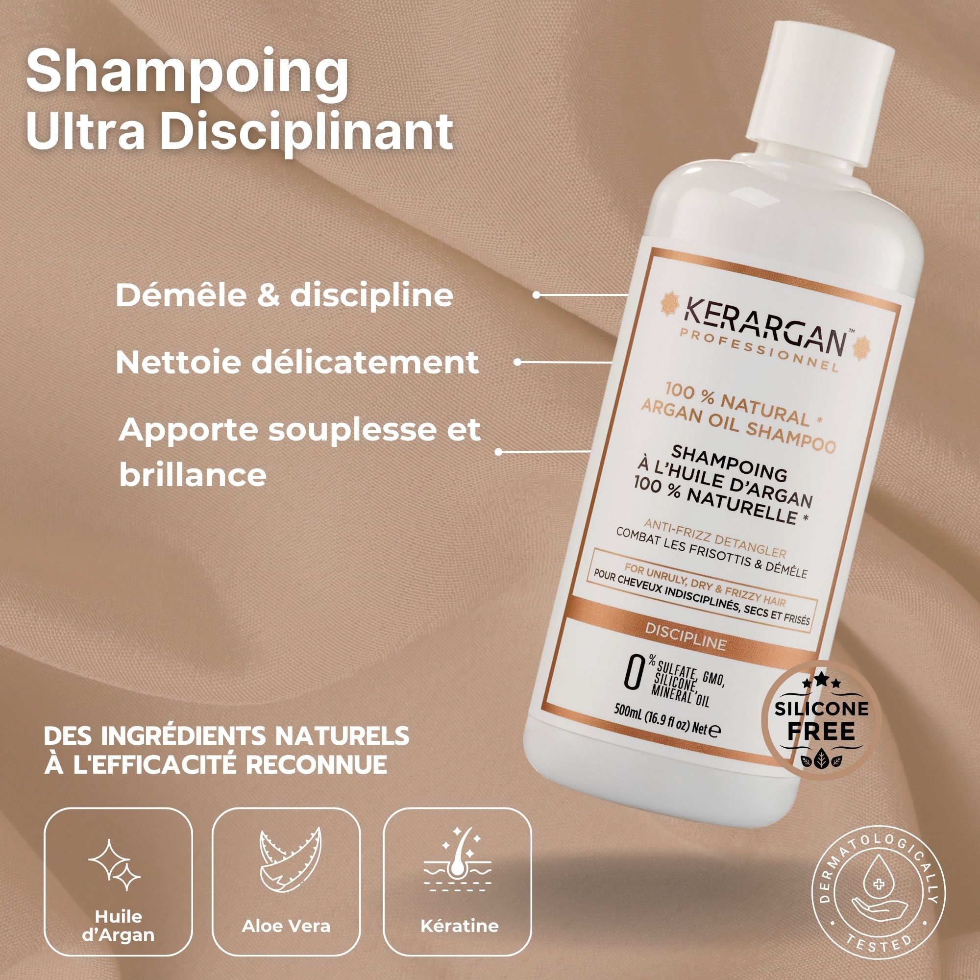 Flacon blanc de shampooing. Texte : Kerargan, shampooing à l'huile d'argan 100% naturel. Pour cheveux secs. Sans silicone. Testé.