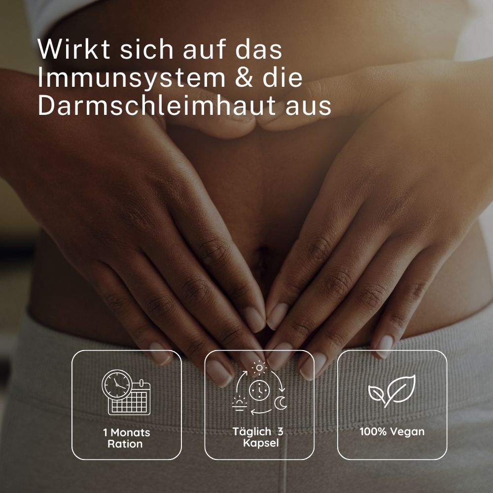 Hände formen Herz über Bauch. Text: Wirkt sich auf das Immunsystem & die Darmschleimhaut aus. Icons: 1 Monats Ration, täglich 3 Kapseln, 100% Vegan.