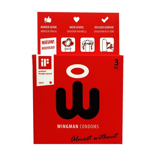 Rote Verpackung mit Logo und Schriftzug Wingman Kondome. Oben links iF-Design-Award-Logo. Enthält 3 Kondome.