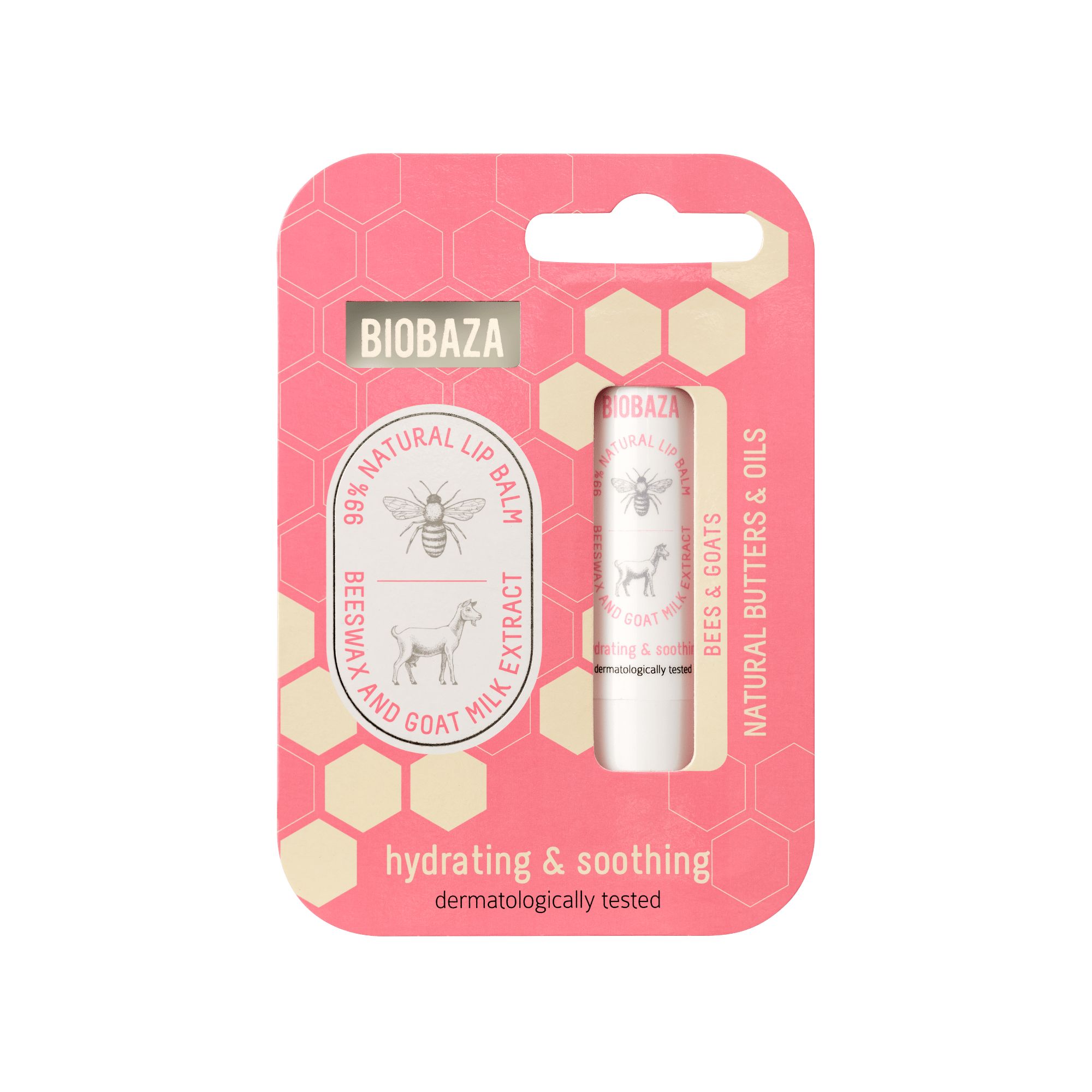 Lippenbalsam in rosa Verpackung. Aufschrift: BIOBAZA, Bienen- und Ziegenmilch-Extrakt, hydrating & soothing, dermatologisch getestet.