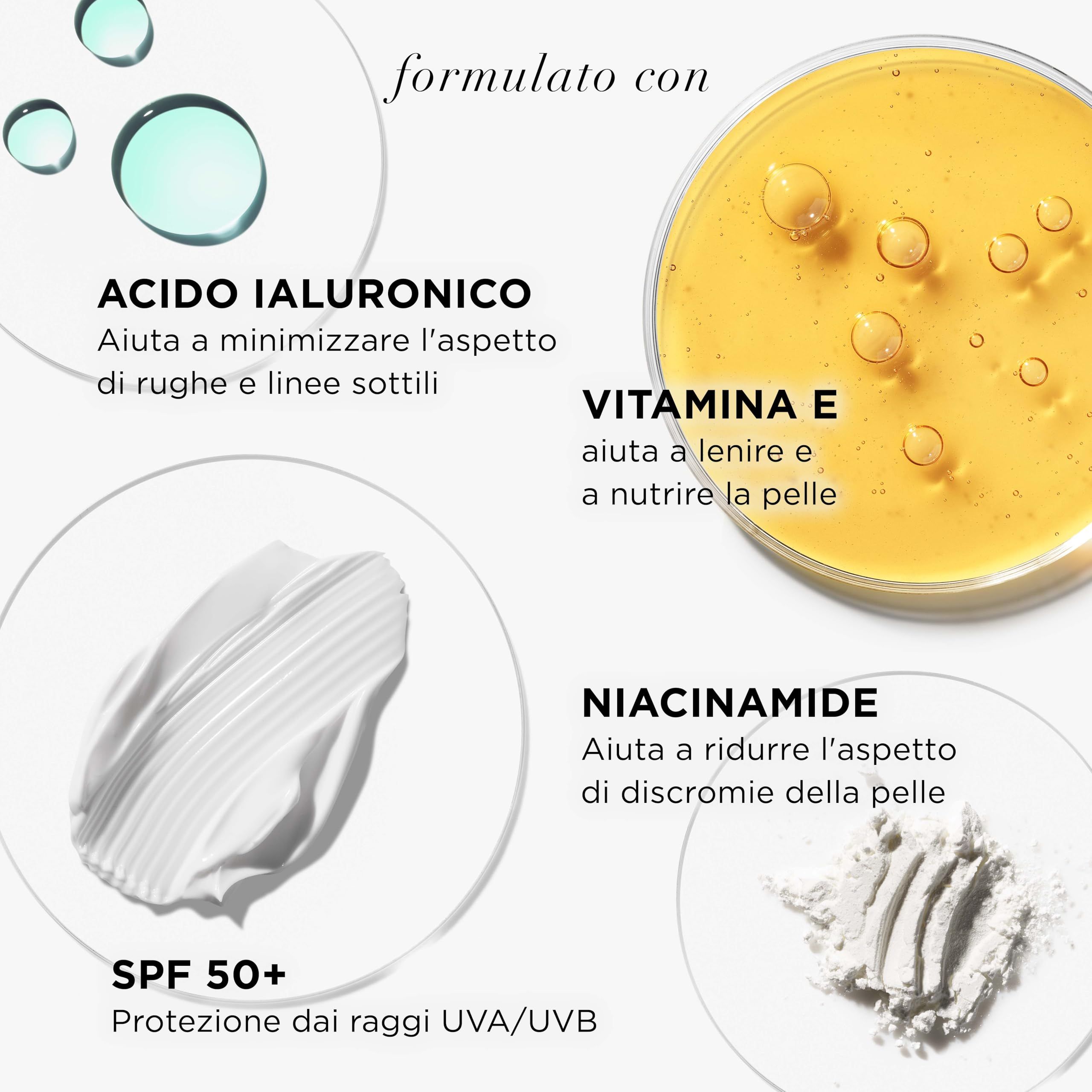 Inhaltsstoffe. Text: Acido Ialuronico, Vitamina E, Niacinamide, SPF 50+, Protezione dai raggi UVA/UVB.