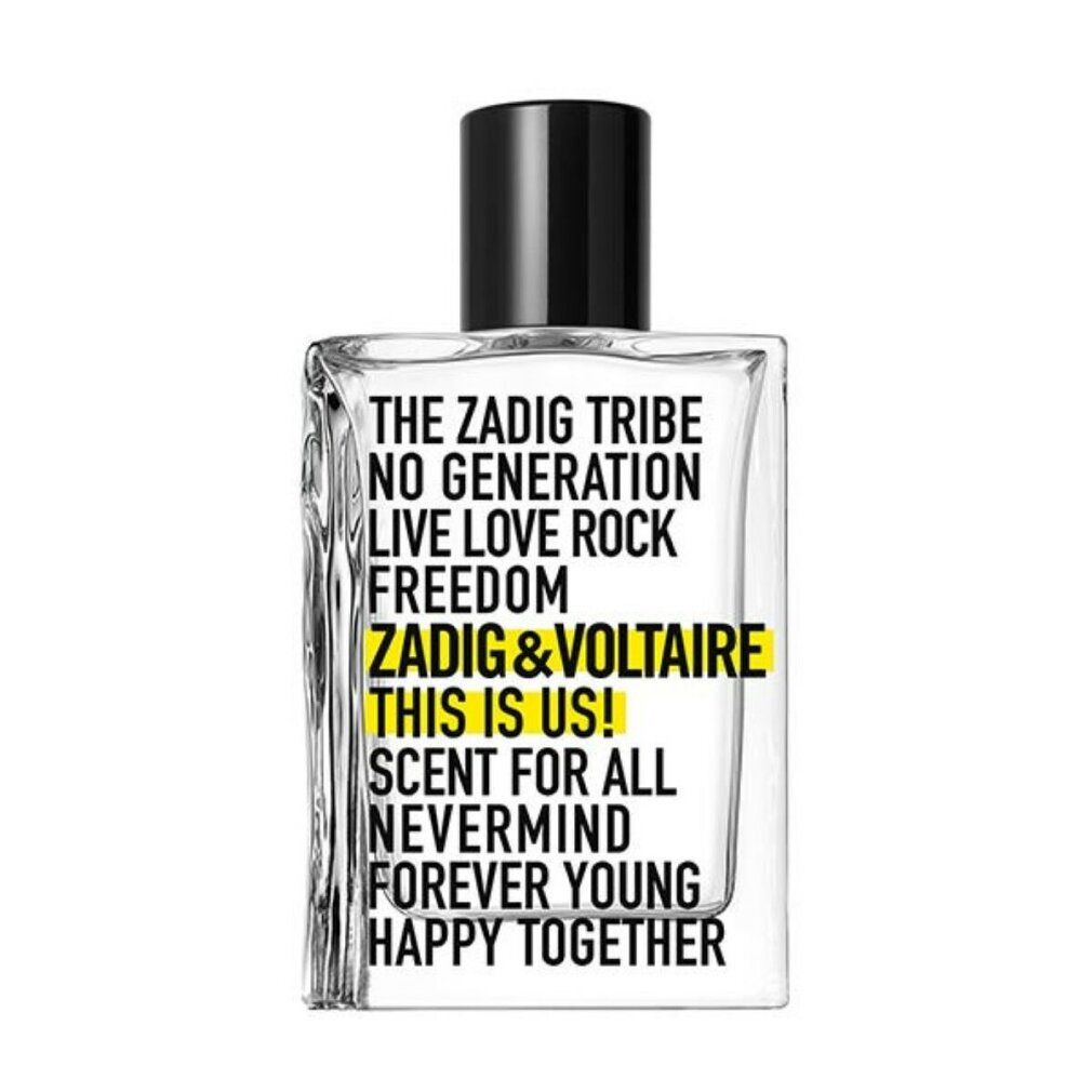 Zadig & Voltaire This is Us! EdT Nat. Spray. Transparenter Flakon mit schwarzem Verschluss. Gelber Schriftzug.