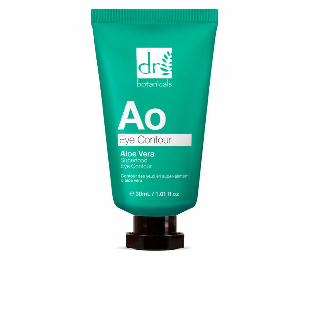 Grüne Tube mit schwarzem Verschluss. Aufschrift: Ao Eye Contour, Aloe Vera Superfood Eye Contour. Volumen: 30ml/1.01 fl oz. Marke: dr botanicals.