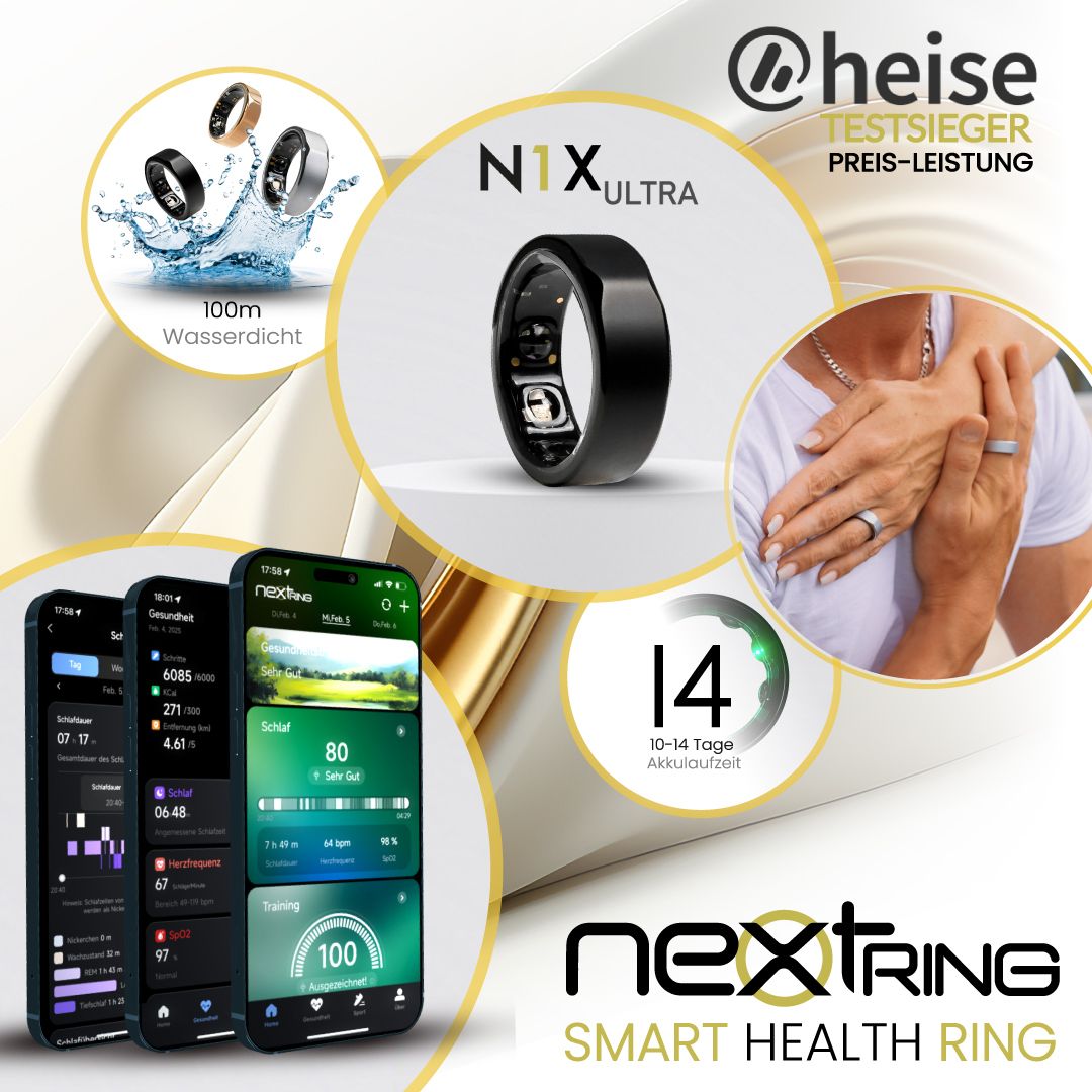 Werbebild mit NEXTRING N1X ULTRA. Ringe in Wasser, Smartphone-App, 14 Tage Akkulaufzeit.