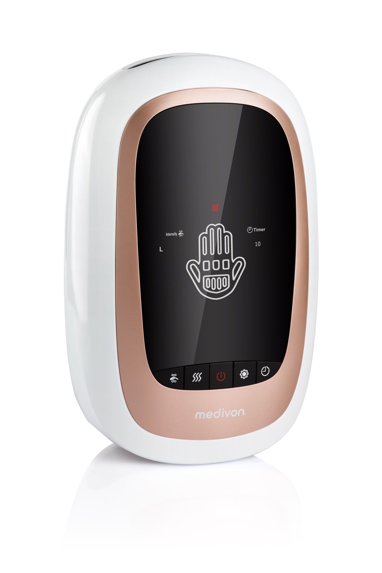 Weißes, ovales Gerät mit roségoldfarbenem Rahmen und Touchscreen. Hand-Symbol und Bedienknöpfe sichtbar. Marke: medivon.