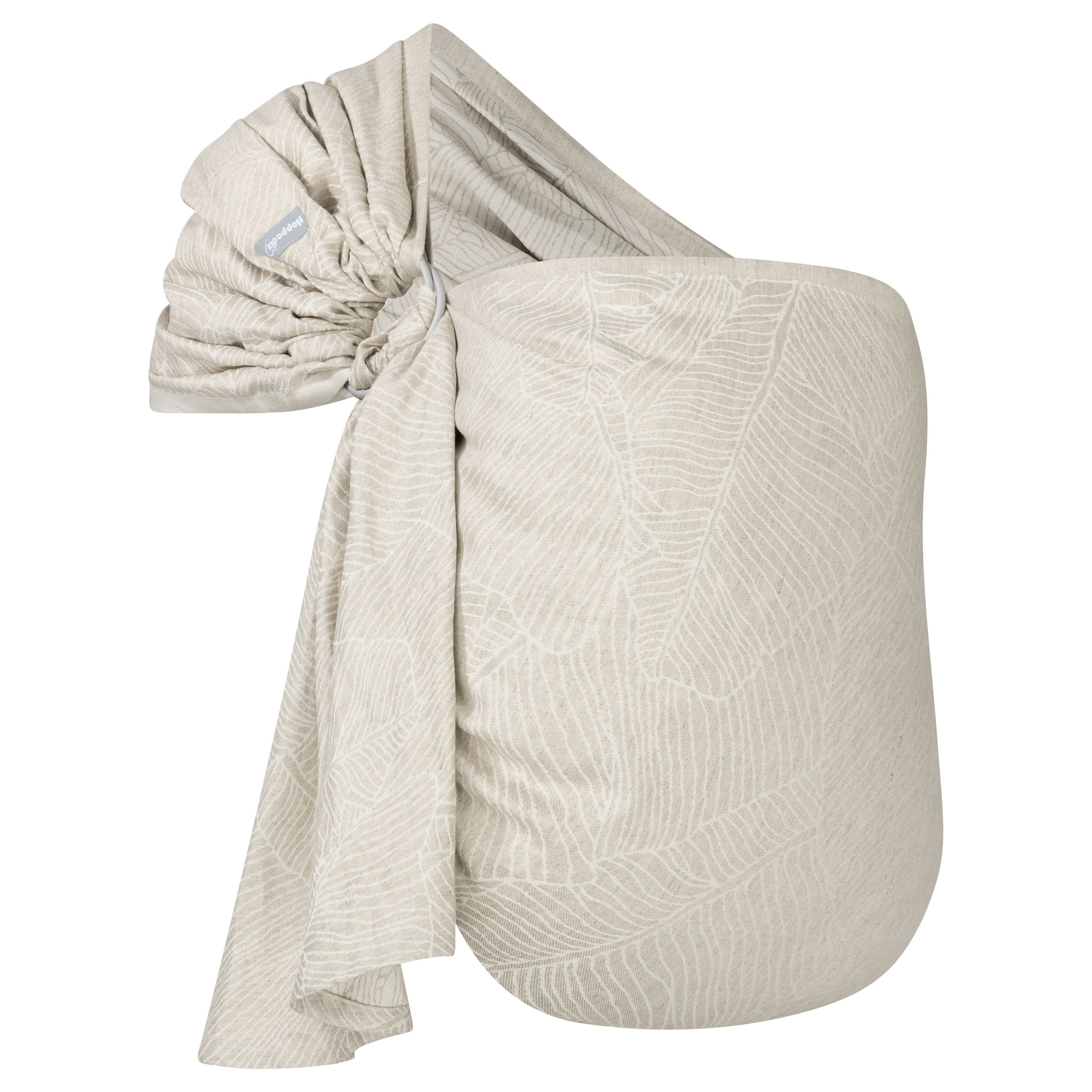 Beige Ring-Sling mit Blattmuster. Stoff mit Ringverschluss. Label sichtbar.