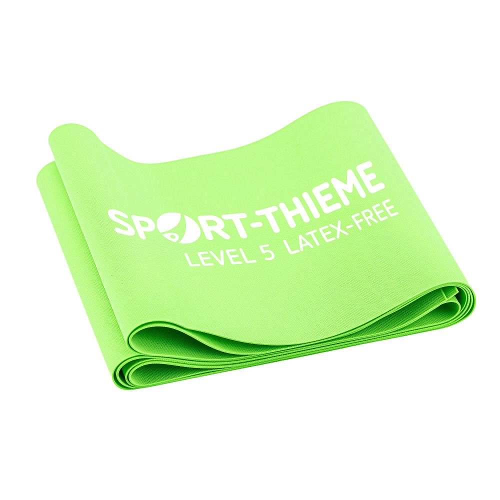 Grünes Fitnessband, gefaltet. Aufdruck: SPORT-THIEME, LEVEL 5, LATEX-FREE.