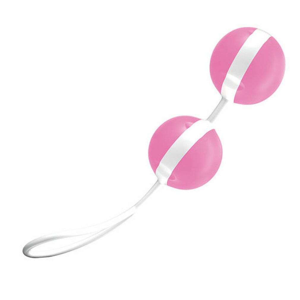Zwei rosa Kugeln mit weißem Band, verbunden durch einen weißen Strang mit Schlaufe.