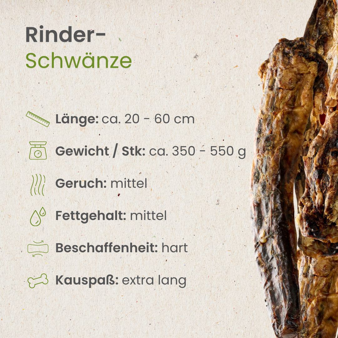 Rinder-Schwänze: Länge 20-60 cm, Gewicht 350-550 g, mittlerer Geruch, mittlerer Fettgehalt, hart.