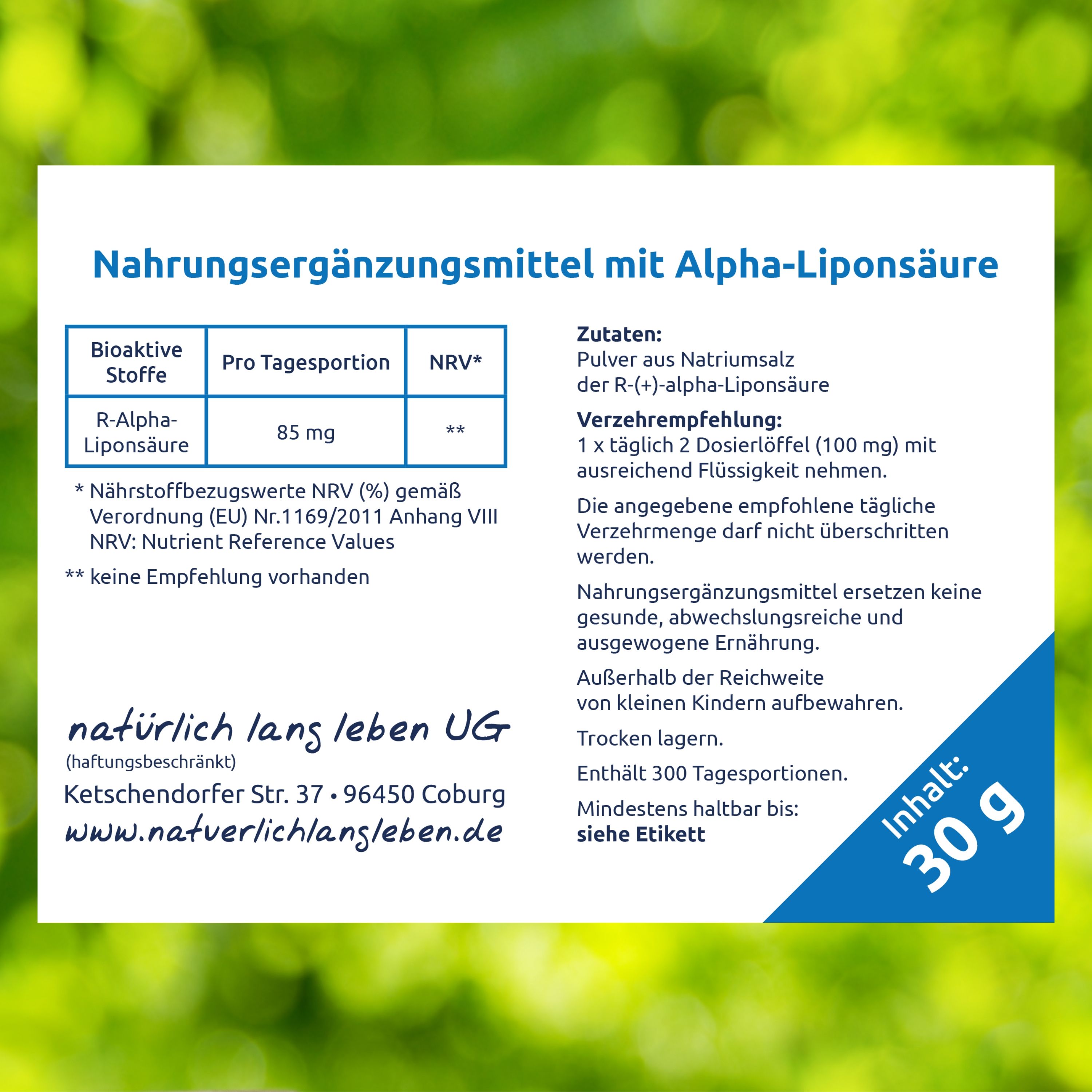 Etikett mit Informationen zu Nahrungsergänzungsmittel mit Alpha-Liponsäure. Enthält 30g. Angaben zu Inhaltsstoffen und Verzehrempfehlung.