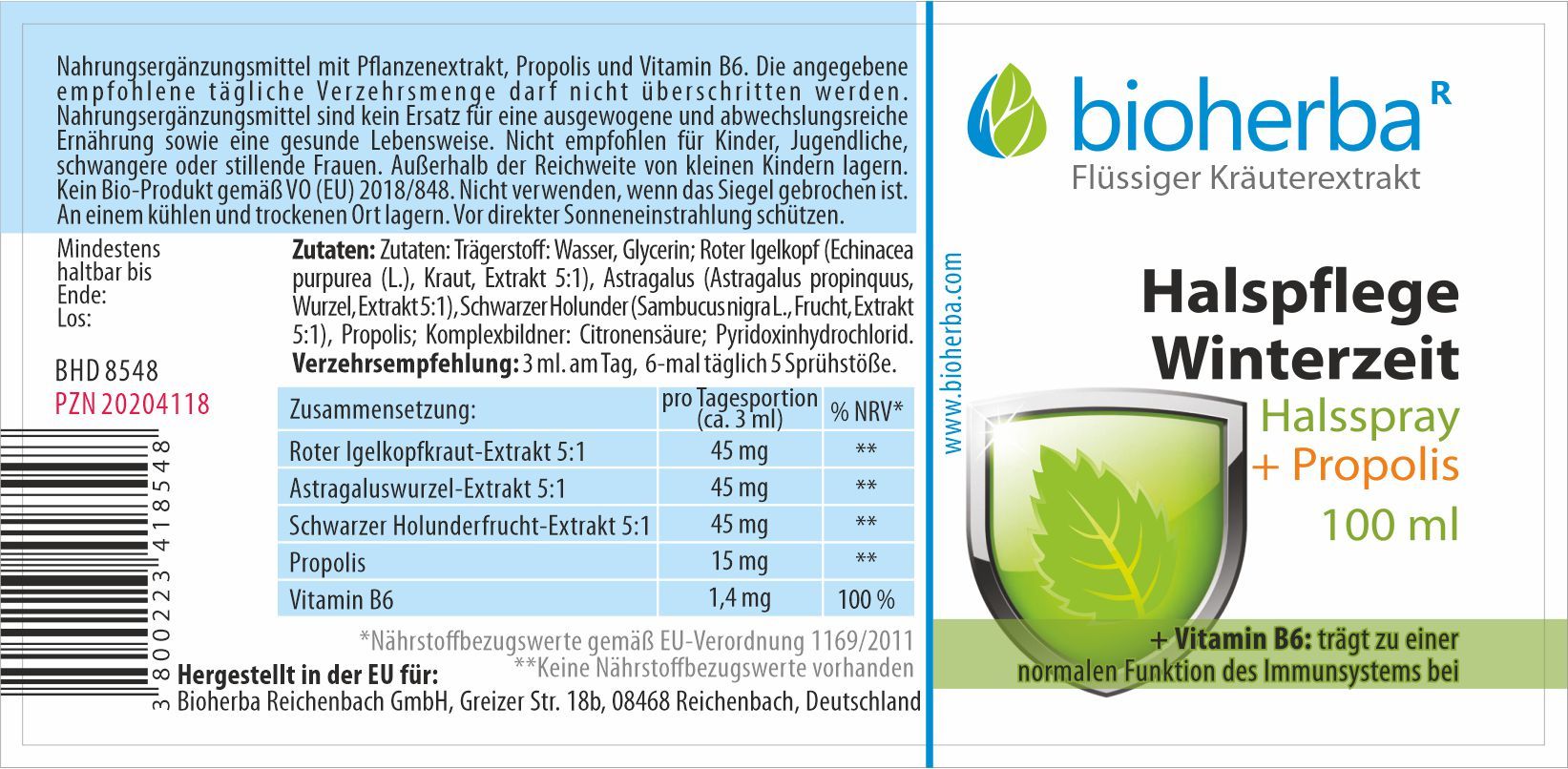 Bioherba Halspflege Winterzeit Halsspray + Propolis