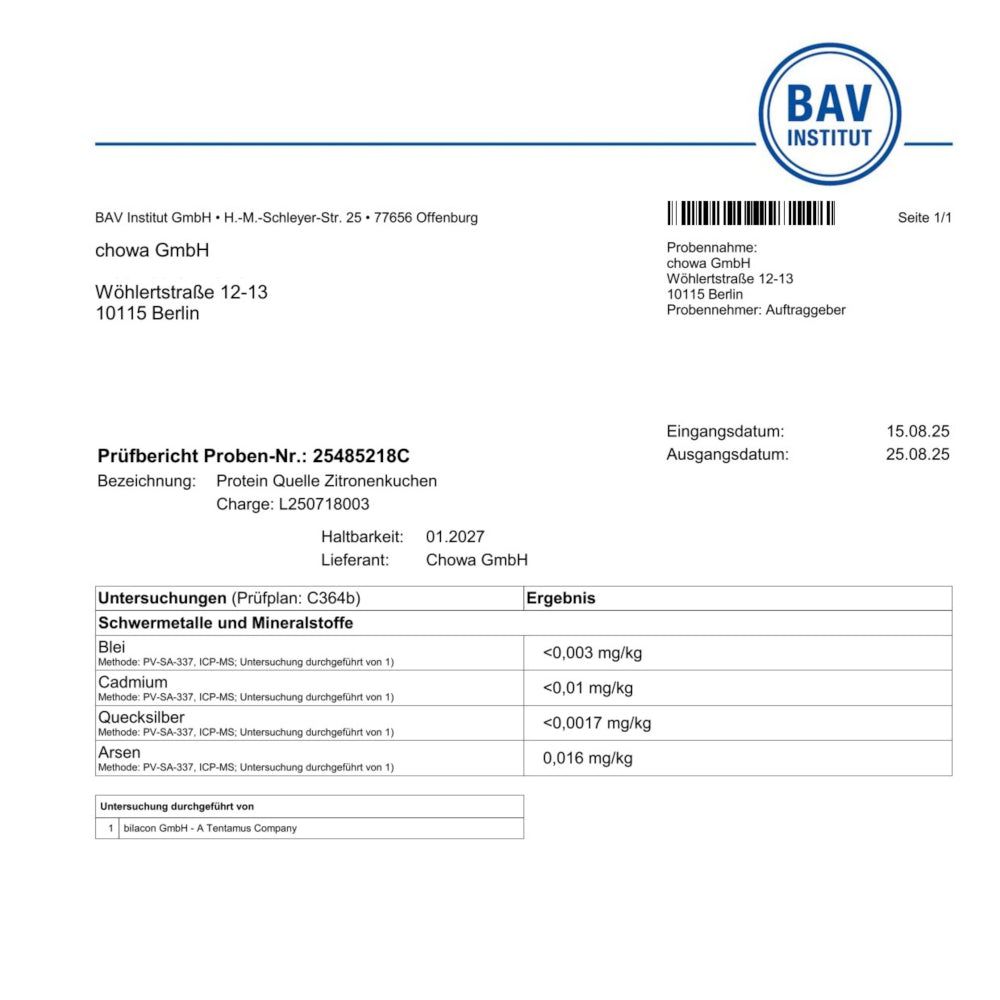 Prüfbericht des BAV Instituts für Protein Quelle Zitronenkuchen. Ergebnisse: Schwermetalle und Mineralstoffe.