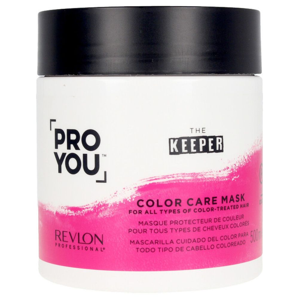 Weißer Tiegel mit schwarzem Deckel. Aufschrift: Pro You, The Keeper, Color Care Mask. Rosa Farbverlauf. 500ml.