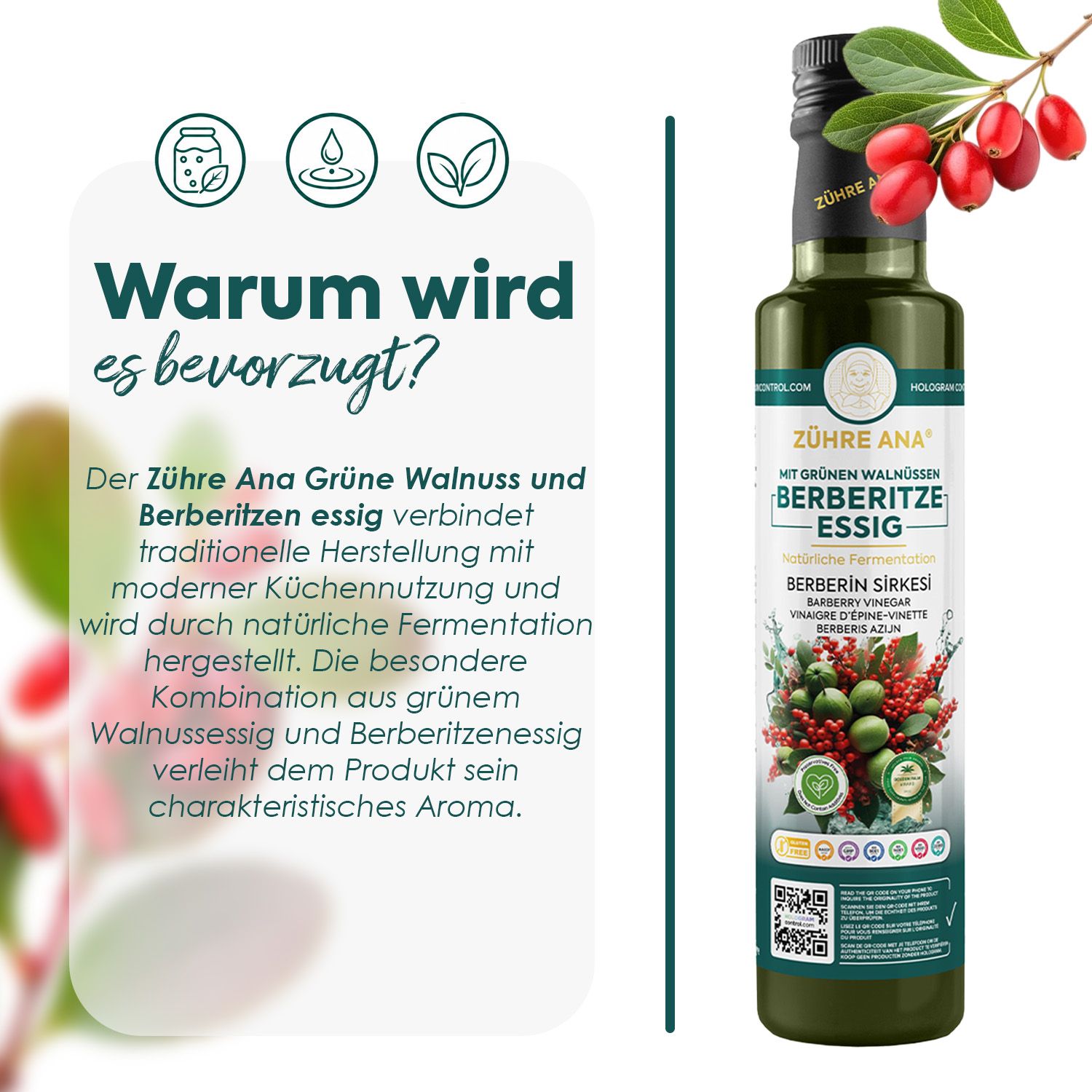 Flasche Zühre Ana Berberitzen-Essig mit Etikett, daneben ein Textfeld mit Erläuterungen.